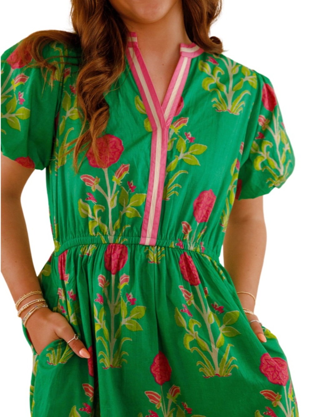 🌺🍋🟩THML Green Floral Maxi Dress with Pink Trim embroidered boho puff sleeve - Picture 2 of 10